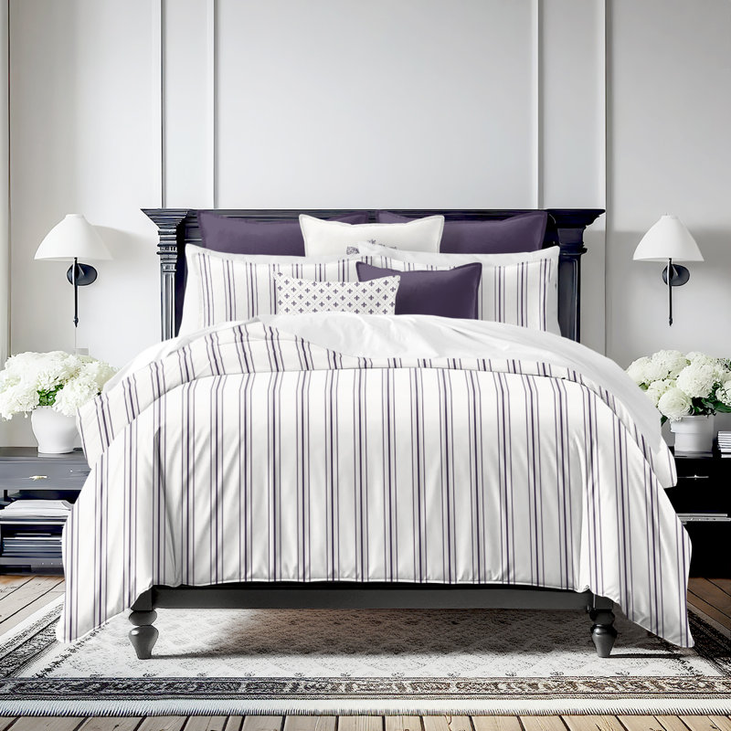 August Stripe Reversible Cotton Duvet Cover Set, Eggplant, Cal.King Duvet Cover + 2 King Shams