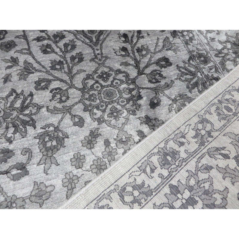 Tapis oriental en laine / gris soie / noir noué à la main, Rectangle 8 pi 10 po x 11 pi 11 po