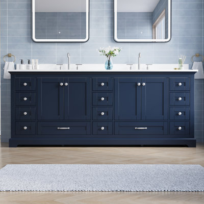 Meuble-lavabo de salle de bain en bois massif, 213 cm (L) x 87 cm (H), avec comptoir en marbre synthétique blanc pur et double lavabo, bleu marine