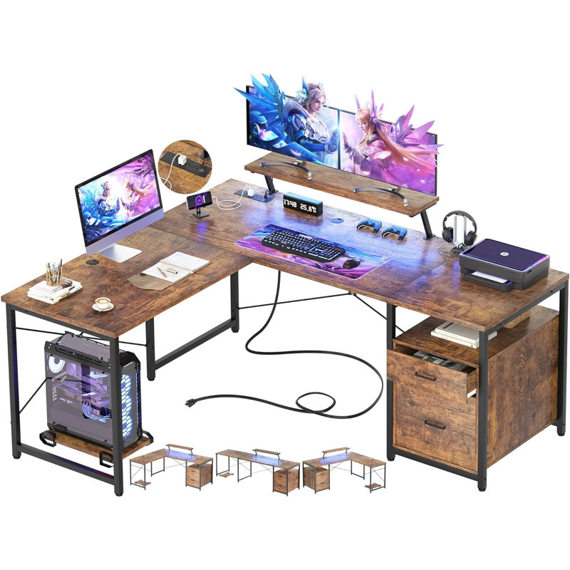 Vlado 63'' L Shaped Desk with Drawers, Brown