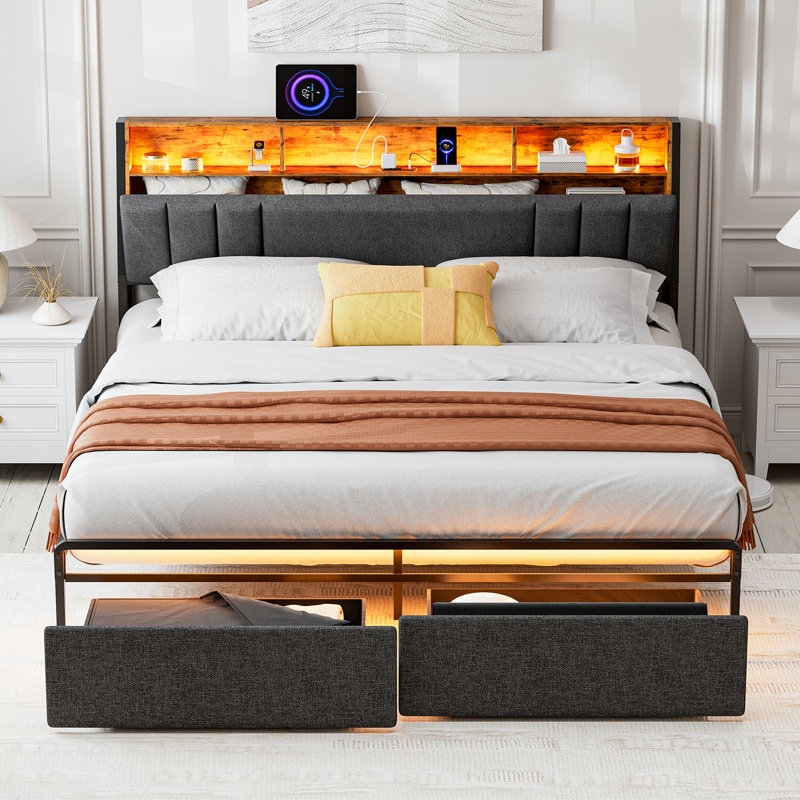 Ivy Bronx Bed Frames With Dustproof Storage Drawer, Ergonomic Hidden Storage Headboard With Charging Station, Upholstered Led Platform Bed, No Box Spring Needed, Easy Assembly
