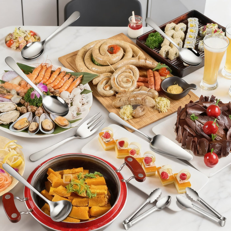 Ensemble d'ustensiles de service 12 pièces en acier inoxydable avec cuillères, fourchettes, pinces, louche et pelle à gâteau pour le buffet et la maison, allant au lave-vaisselle