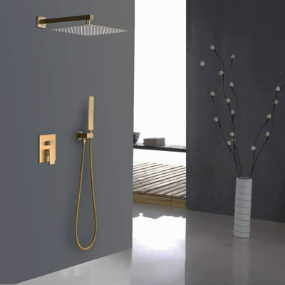 Système de douche à pluie rose brossé avec pomme de douche carrée de 12 pouces, douche à main, robinet mélangeur et ensemble de garniture - ensemble de douche de salle de bain mural avec technologie à pression équilibrée