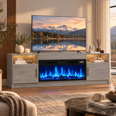 70" Modern Fireplace TV Stand for TVs up to 80", Entertainment Center with 36" Electric Fireplace, Marble Finish Top and LED Lights