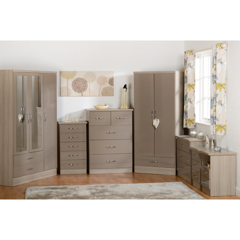 Cascio 2 Drawer Bedside Table, Oyster Gloss/Light Oak Effect Veneer