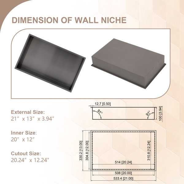 21x13 SUS304 18-Gauge Recessed Shower Niche Dimension Diagram