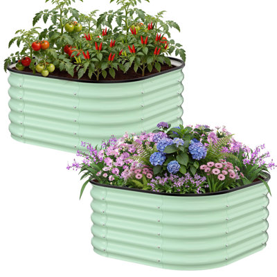 2 jardinières surélevées galvanisées de 3,5 x 3,5 x 1,4 pi avec 2 bacs de jardin en métal ovale et arrondis carrées avec fond ouvert et bord roulé sécuritaire pour les fleurs et les herbes