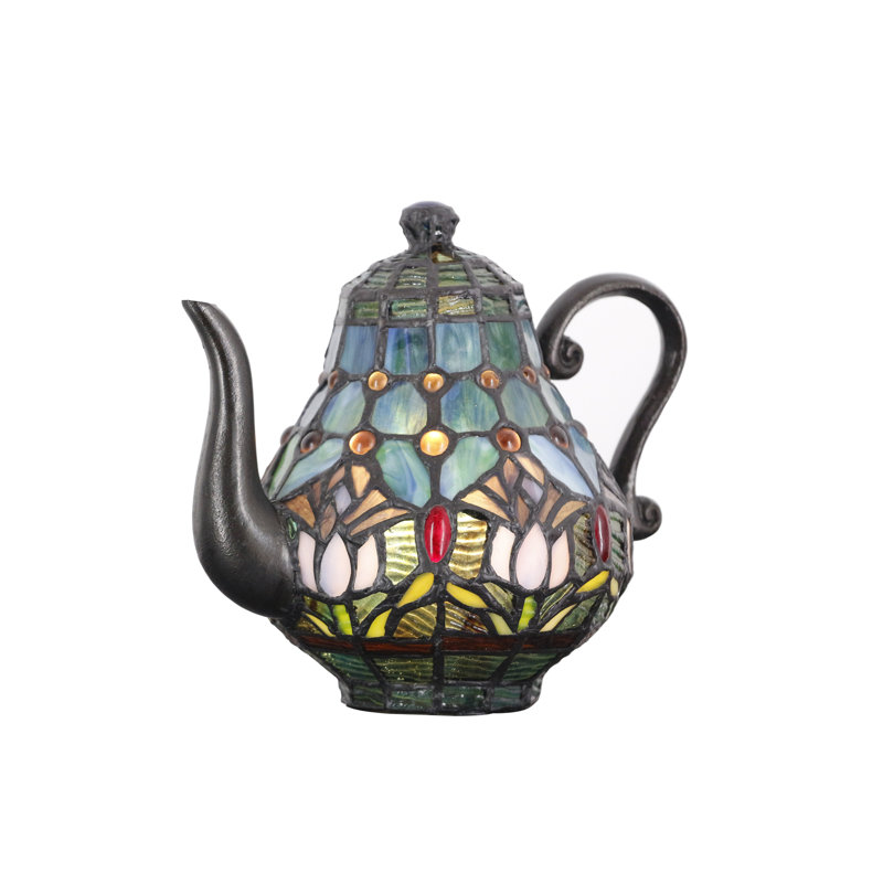 Small Tiffany Lamp Stained Glass Animal Table Lamp Mini Accent Desk Light (Tulip Blue Teapot)