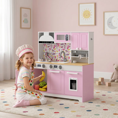 Cuisine miniature pour enfants, avec évier, plaque de cuisson, cafetière, machine à glaçons, micro-ondes, four, boutons à cliquet, rangement et accessoires de cuisine. Cadeau idéal pour les jeux d'imitation (garçons et filles de 3 à 8 ans). Rose.