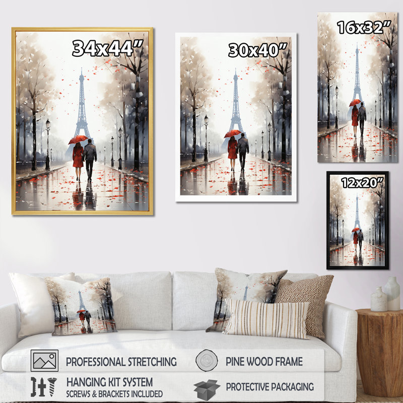 «Love In Paris Vintage Watercolor I», reproduction d'art sur toile, H 44 po x l 34 po x P 1,5 po, Cadre flottant blanc