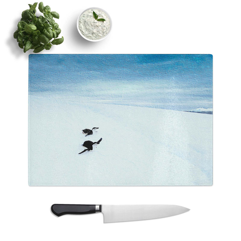 Tempered Glass Playing Penguins Chopping Board, 39 cm W x 28.5 cm L
