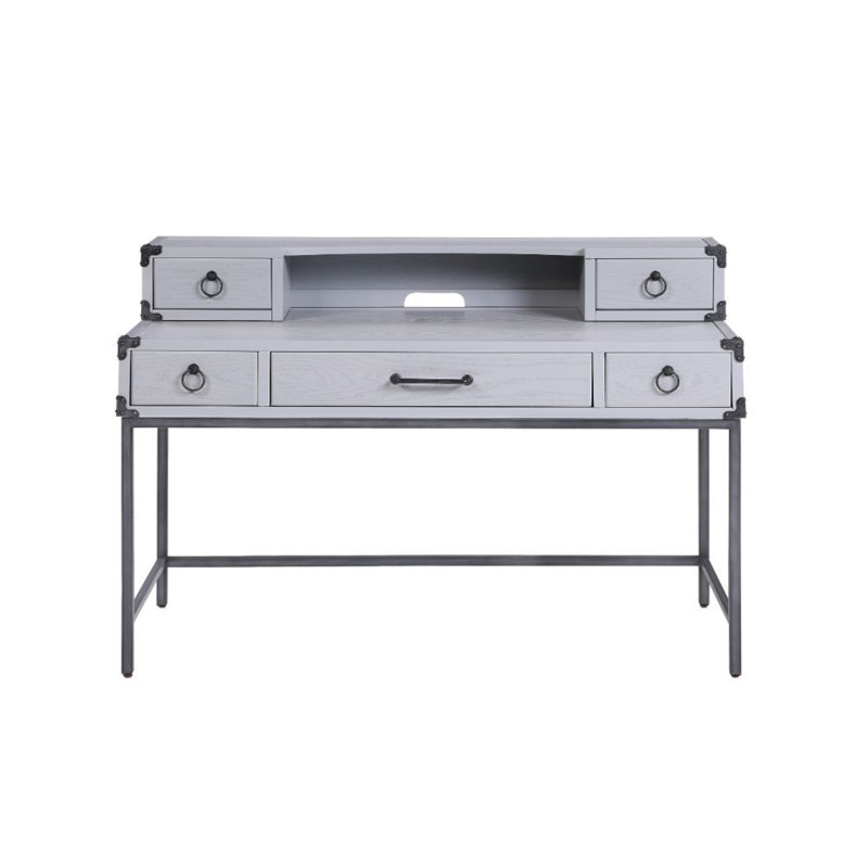 Gray Wood Writing Desk with Drawers and Metal Legs