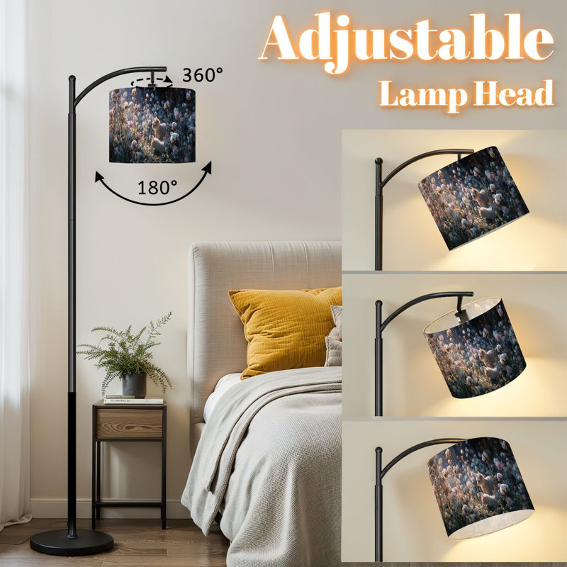 Arc Floor Lamp with Adjustable Lampshade Rustic Cotton Bloom Scene Vibrant Oil Golden Sunlight Standing Lamp 3 Color Temperatures Dimmable Tall Pole Lamp with Foot Switch for Bedroom