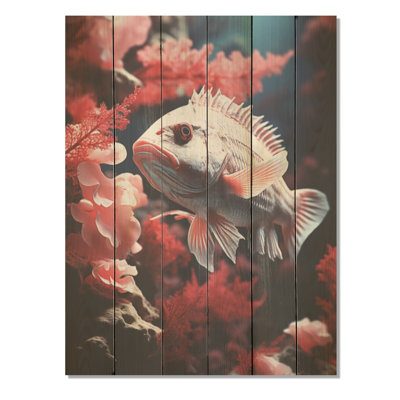 Monochrome Pink And Grey Fish Dance I - Coastal Coral Under Water Wood Wall Art On Natural Pine Wood