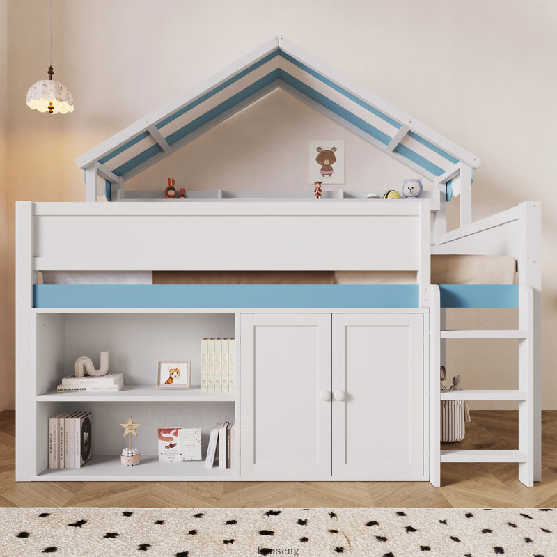 Lit mezzanine double avec toit à baldaquin et armoire de rangement, blanc et bleu