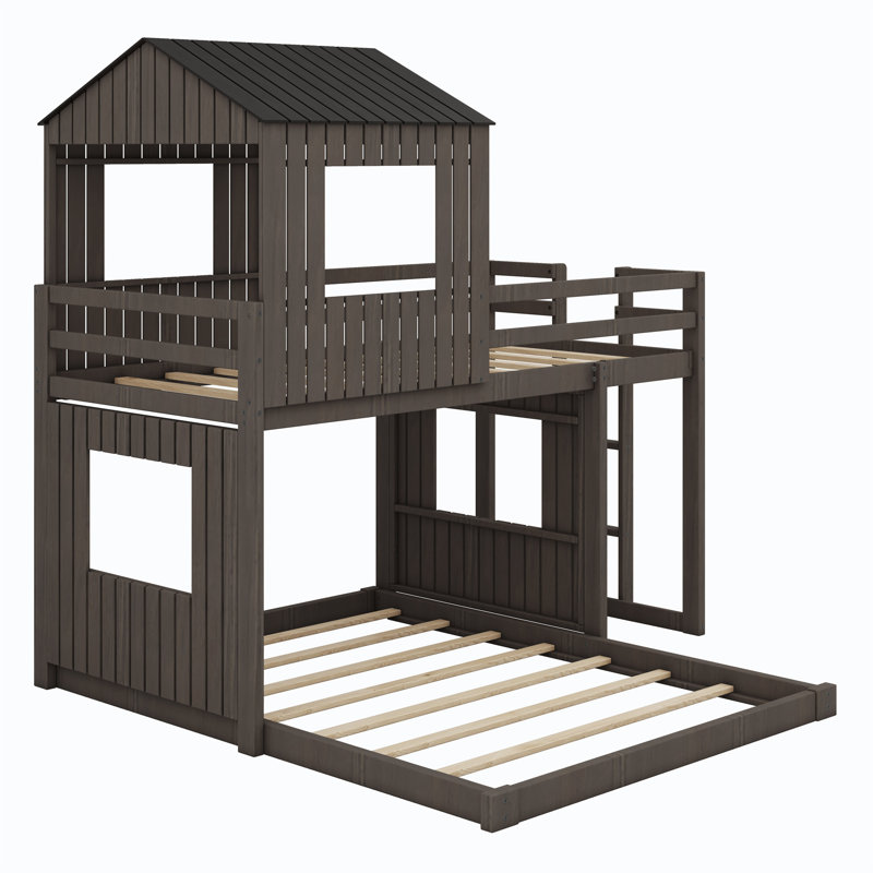 Bunk Bed With Playhouse, Farmhouse, Ladder And Guardrails, Antique Gray