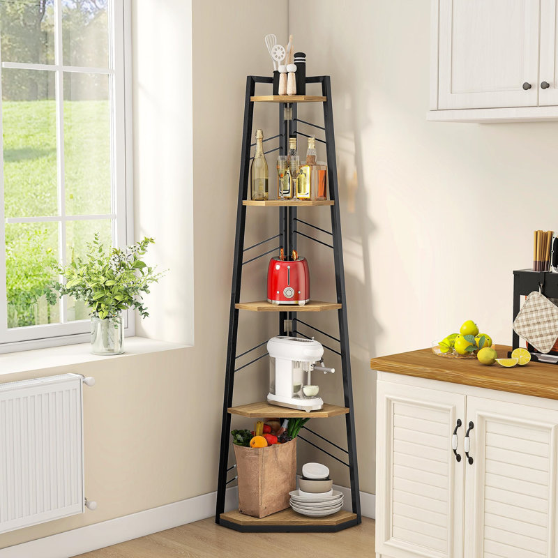 160 H × 35 W Corner Shelf Unit，Modern Ladder Shelving Unit, Natural Wood/Black