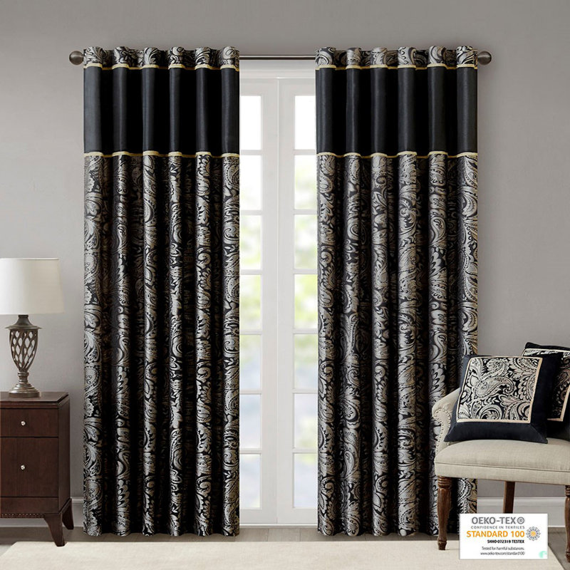 Jacquard Curtain Panel Pair, 50" W x 84" L, Black