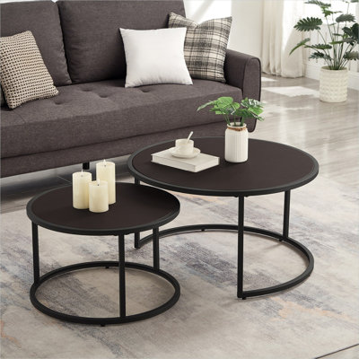 Round Nesting Coffee Table Set of 2, Warm Brown Faux Leather Tops on Black Metal Bases, Space-Saving Design for Living Room