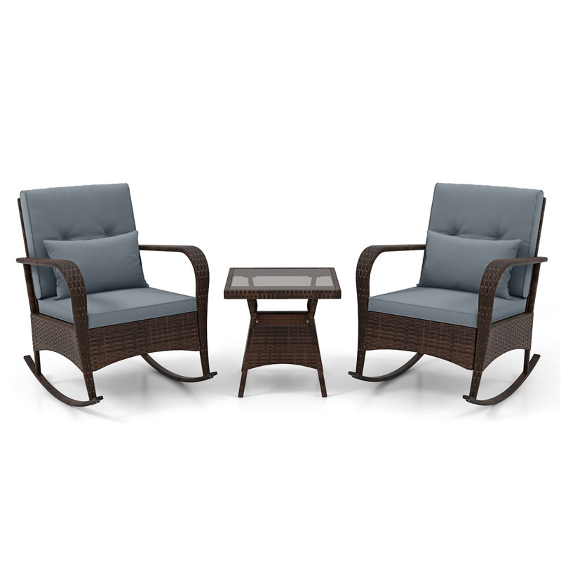 3PCS Outdoor Rocking Set Rattan Rocker Chairs w/ Tempered Glass Coffee Table Wicker Rocker Set, Gray