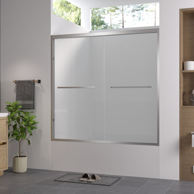 Enceinte de salle de bain double coulissante de 58 po de hauteur avec quincaillerie et verre trempé de 1/4 po de 6 mm de style américain, structure de baignoire stable et imperméable au fini, largeur réglable, poignée en acier inoxydable