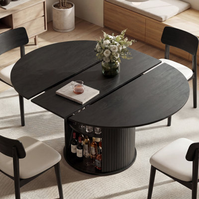 Extendable Round Wood Dining Table, 47″ to 63″ Oval Expansion, Hidden Storage in Base, Seats 4‑6, Modern Kitchen Table