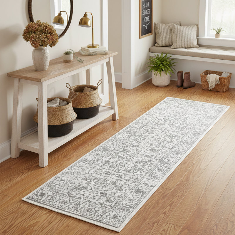 Calam Traditional Bordered Durable Performance Gray/Ivory Area Rug, Runner 2'7" x 10'