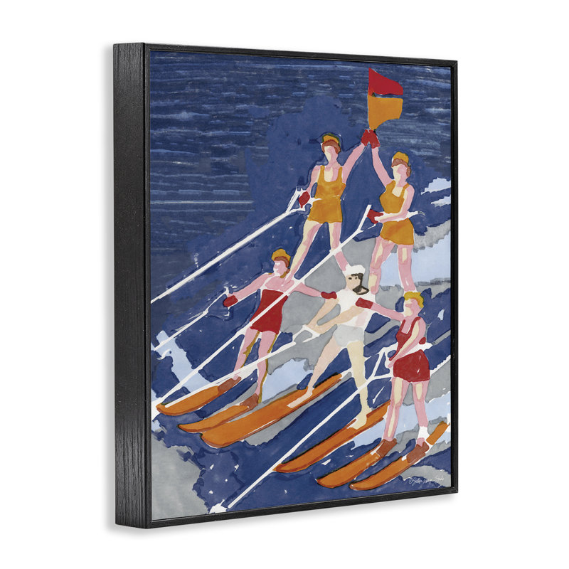 «Retro Waterski Team», peinture à l'aquarelle pyramide aérobique surdimensionnée encadrée noire, art texturé par Stellar Design Studio