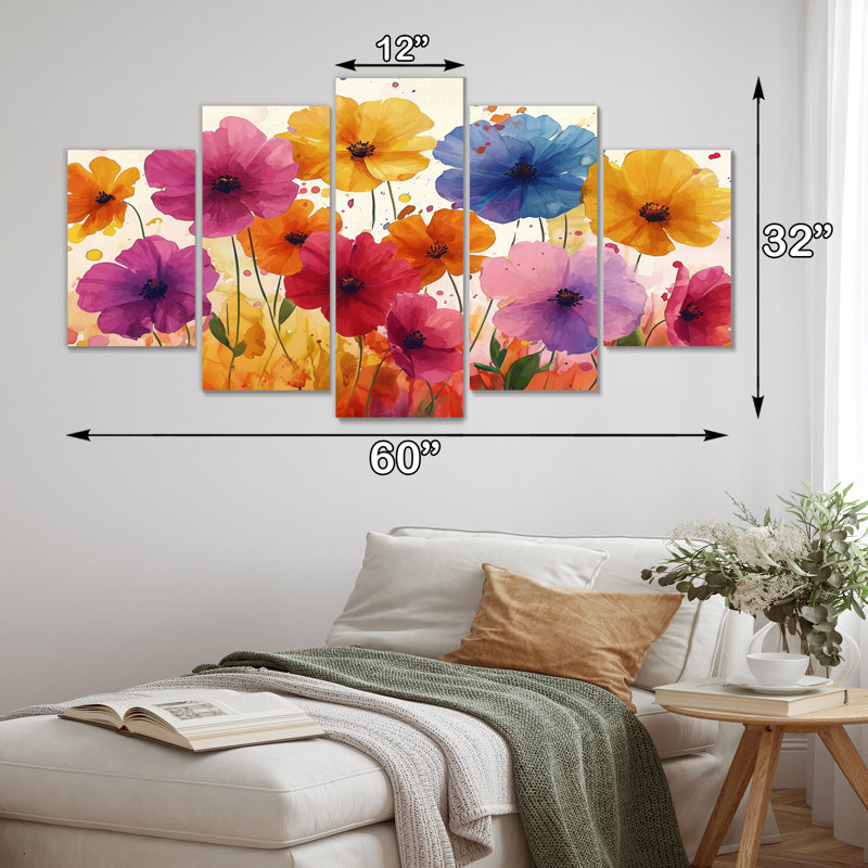 Nobile - Art mural de fleurs sauvages - Art mural traditionnel pour le salon, 5 pièces
