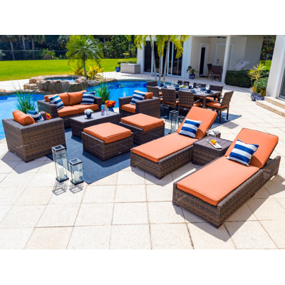 Tuscany Collection In Brown Wicker 16 - Person Patio Conversation Set with Cushions