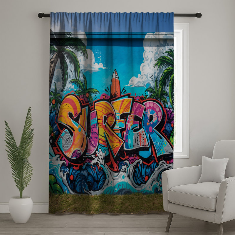 Rideau de fenêtre coloré surfer Graffiti, 50 po x 80 po - 1 panneau, Transparent