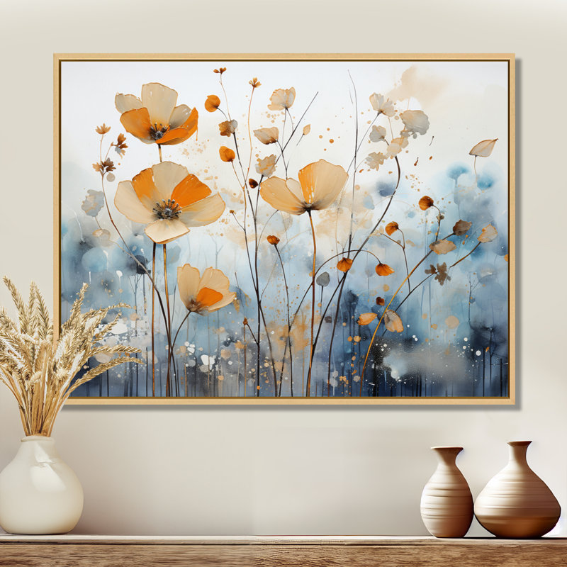 Art sur toile, "Orange Mute Botanicals II", H 24 po x l 32 po x P 1 po, Cadre flottant érable