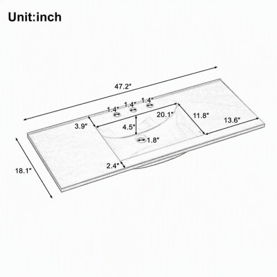 Meuble-lavabo suspendu de 122 cm (48 po) avec lavabo en composite, 2 grands tiroirs et tablette inférieure ouverte, détails classiques, sans poignées.