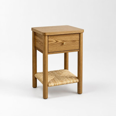 Table de bout avec table de chevet et table de bout avec table de chevet, pieds en bois massif, tablette et tiroir en jute tissé, conception anti-bosses pour les familles, tiroir à fermeture en douceur, fabrication robuste et sans oscillation