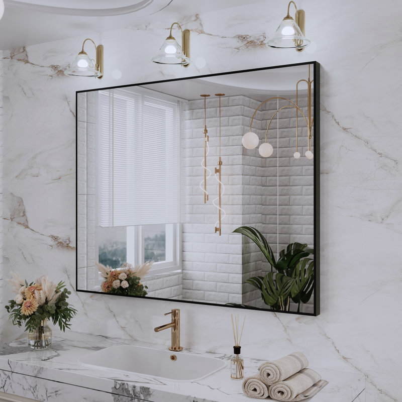 Sartori Aluminum Framed Rectangular Vanity Wall Mounted Mirror, Black, 32" x 40"