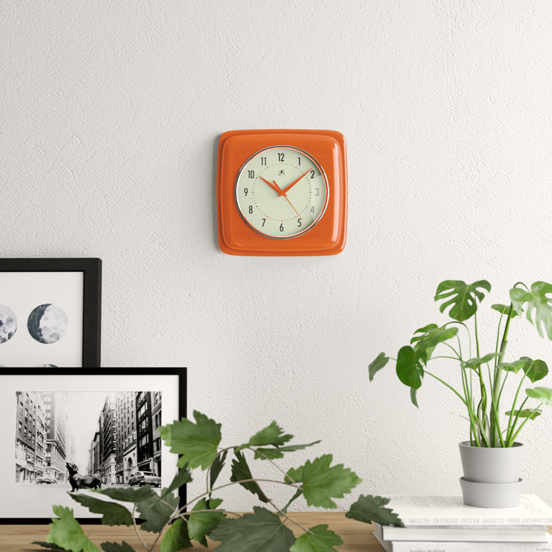 Orrwell Square Plastic Wall Clock 9.25 Inches, Orange