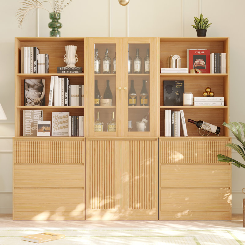 71" H X 70.9" W Bookcase Cabinet With Glass Doors & Open Shelves, 3-Tier Modern Bookshelf With Open Storage Bookcase(A+2B)