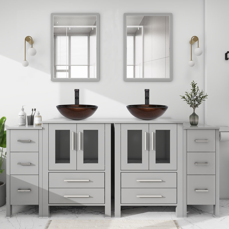 Ensemble de meuble-lavabo double 72 po avec lavabo vasque, robinet et drain Aidin, Gris, Gris