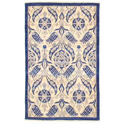 Tapis crème / bleu marine en laine noué à la main Deluna