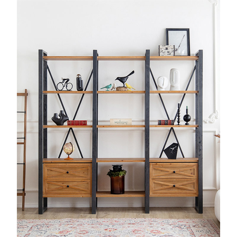 Wood and Metal Combination Bookshelf with Drawers