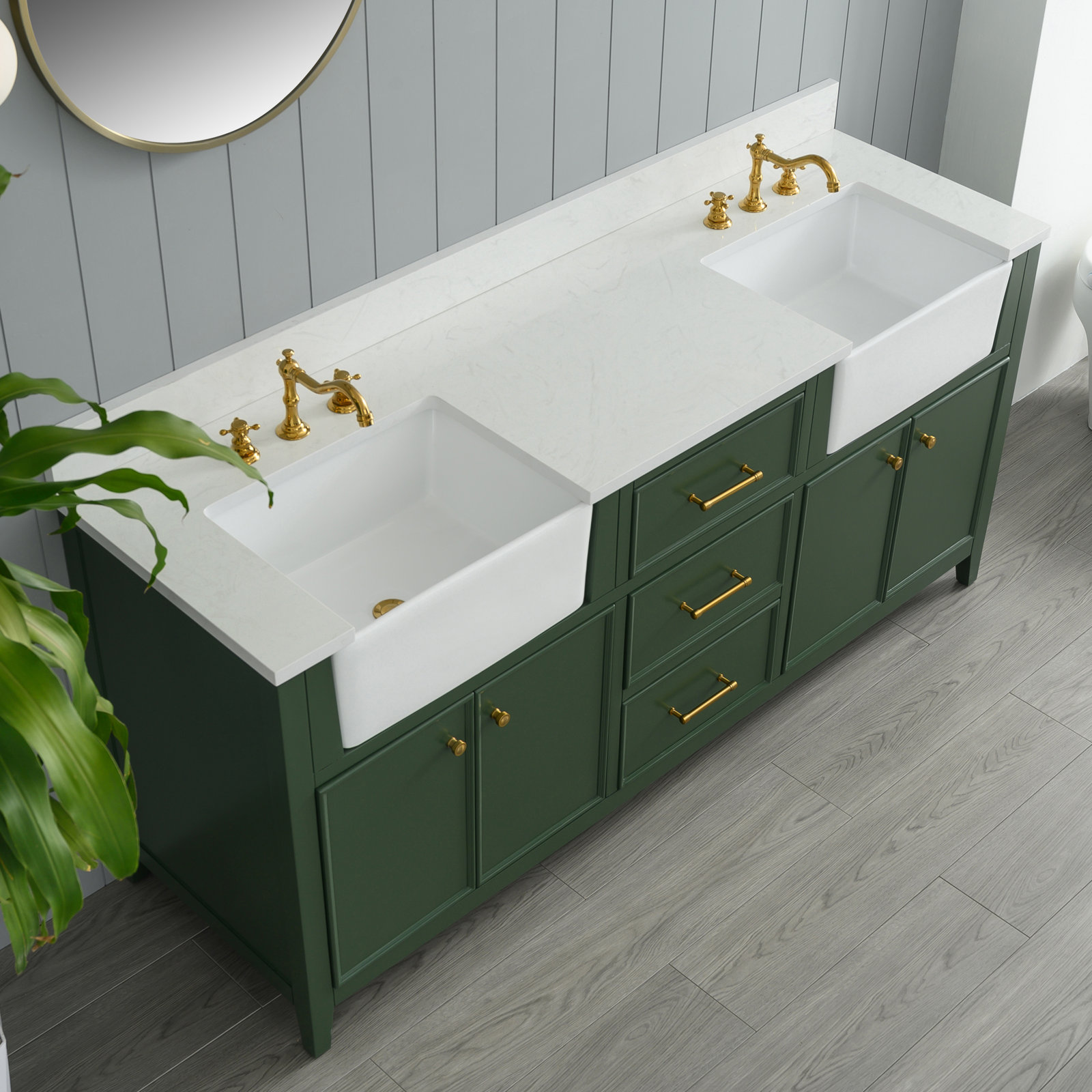 Aisa 72" Pine Double Bathroom Vanity, Evergreen/Brushed Gold