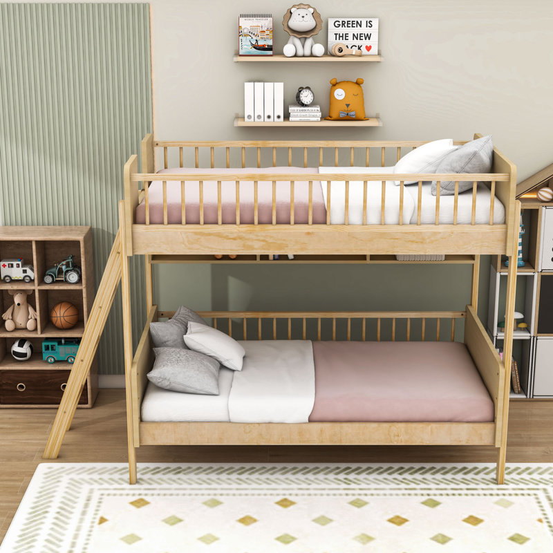 Twin Over Twin Wood Bunk Bed With Storage Shelves And Ladder, Natural
