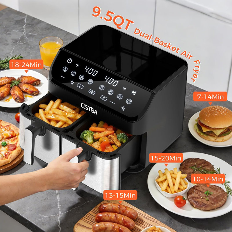 Friteuse à air double OSTBA 9,5 pte, écran tactile numérique, finition synchronisée, 8 préréglages, arrêt automatique