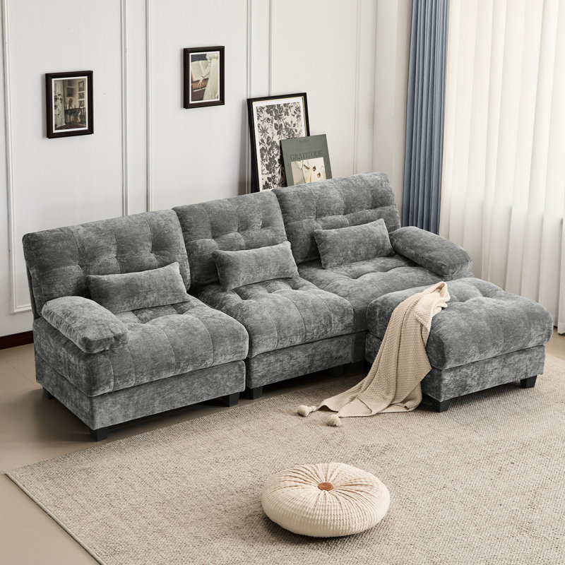 Avec une capacité de poids de 350 lb pour chaque siège, réglable en 3 + 1 et 4 positions de 93 pouces, chenille grise, 3 coussins décoratifs élégants, profondeur de 84,86 pouces, préférences en matière de confort personnel