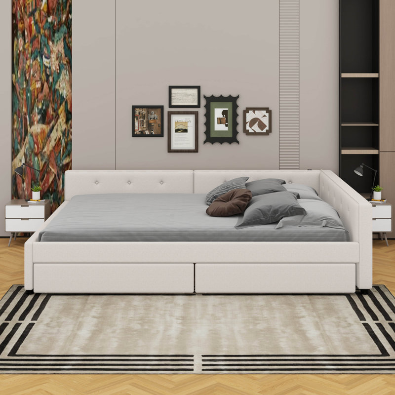 Lit plateforme tapissier avec port USB et 2 tiroirs, beige, Grand