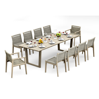 9 Pcs Grade-A Weathered Teak Wood Dining Set: 98" Sema Rectangle Table   Sema Chairs (2 Arm & 6 Armless Chairs) #11Se3302