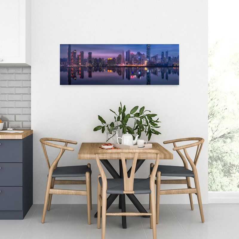 «Twilight City Reflections Colorful Dramatic Modern Architecture City», art mural, H 12 po x l 36 po