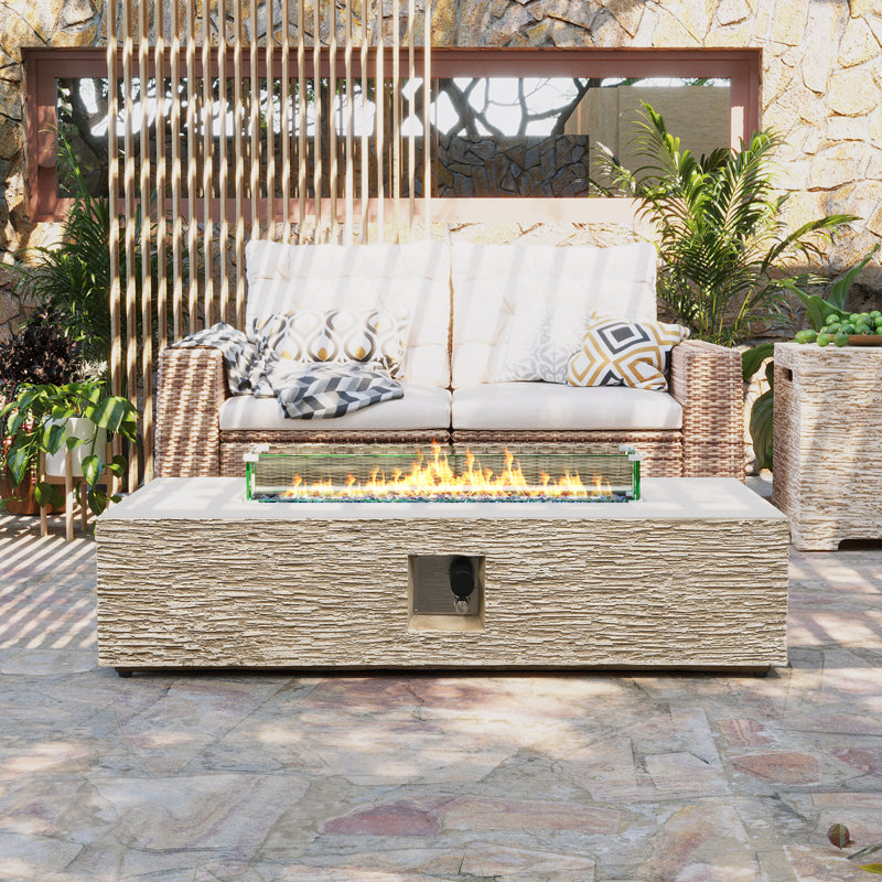 56 in. Rectangular Magnesium Oxide Outdoor Fire Pit Table with Tank Cover, Wind Guard and Rain Cover, Beige