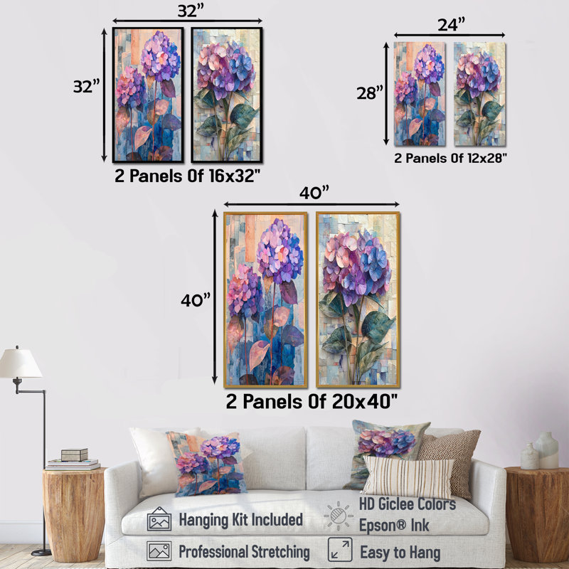 Collage abstrait floral d'hortensia I - impressions sur toile florales 2 pièces, Cadre crème crème, H 32 po x l 33 po