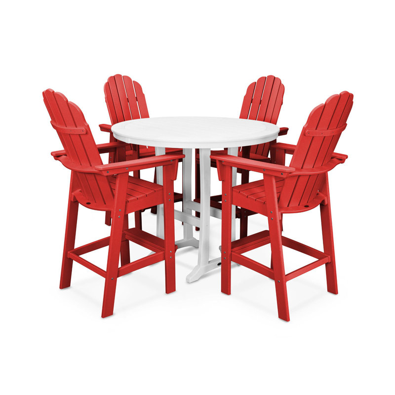 POLYWOOD Vineyard Curveback Adirondack 5-Piece Nautical Trestle Bar Set, Sunset Red/White